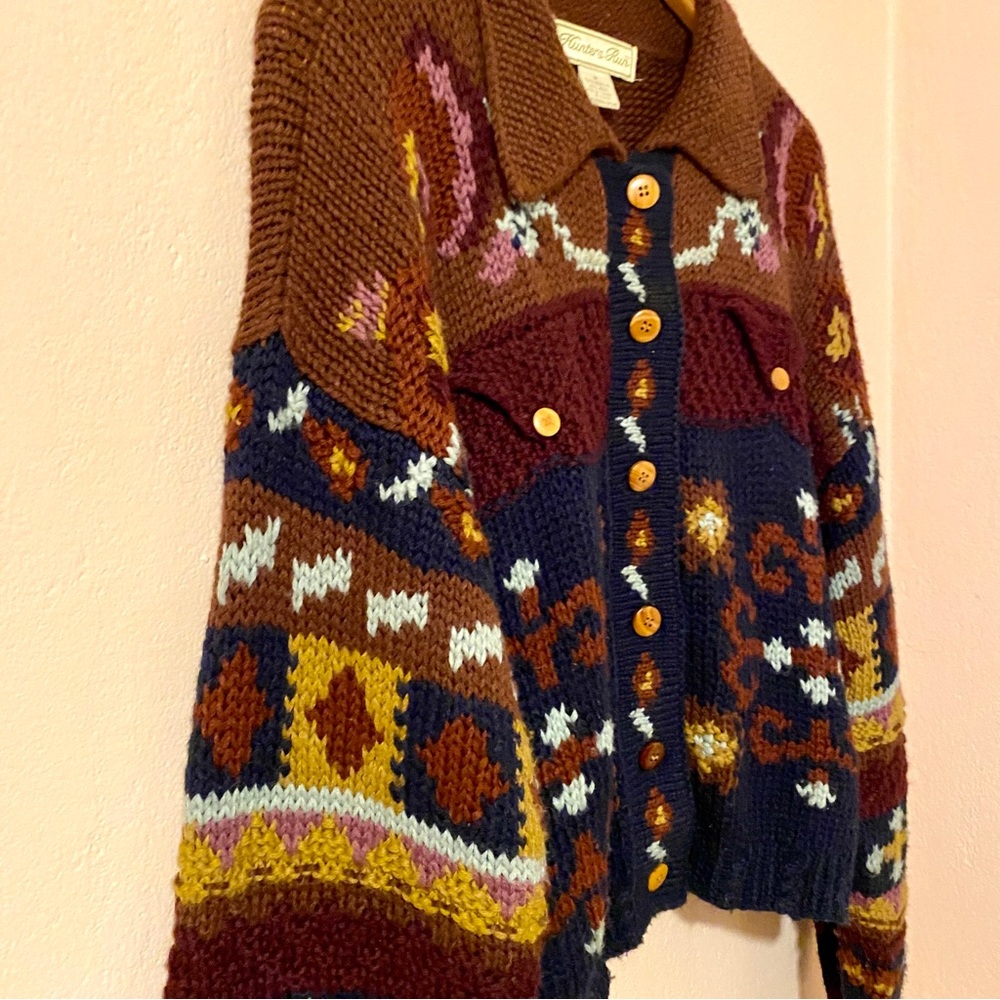 Vintage chunky multi color pattern collared cardigan Medium - Picture 3 of 11